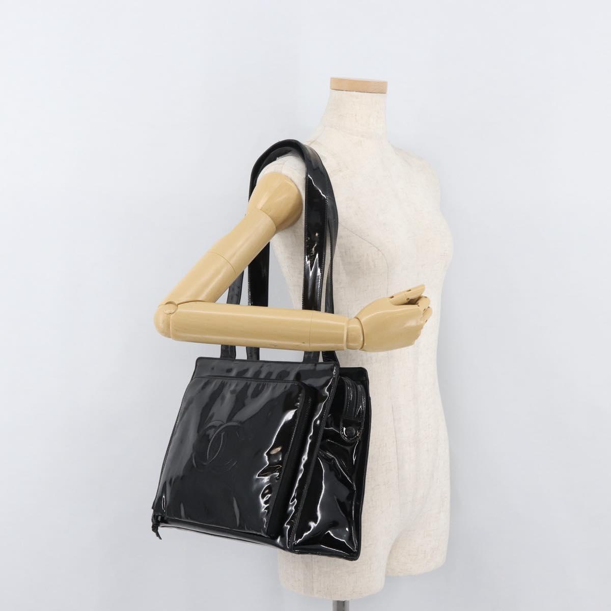CHANEL COCO Mark Tote Bag Patent leather Black Gold CC Auth BAZ868