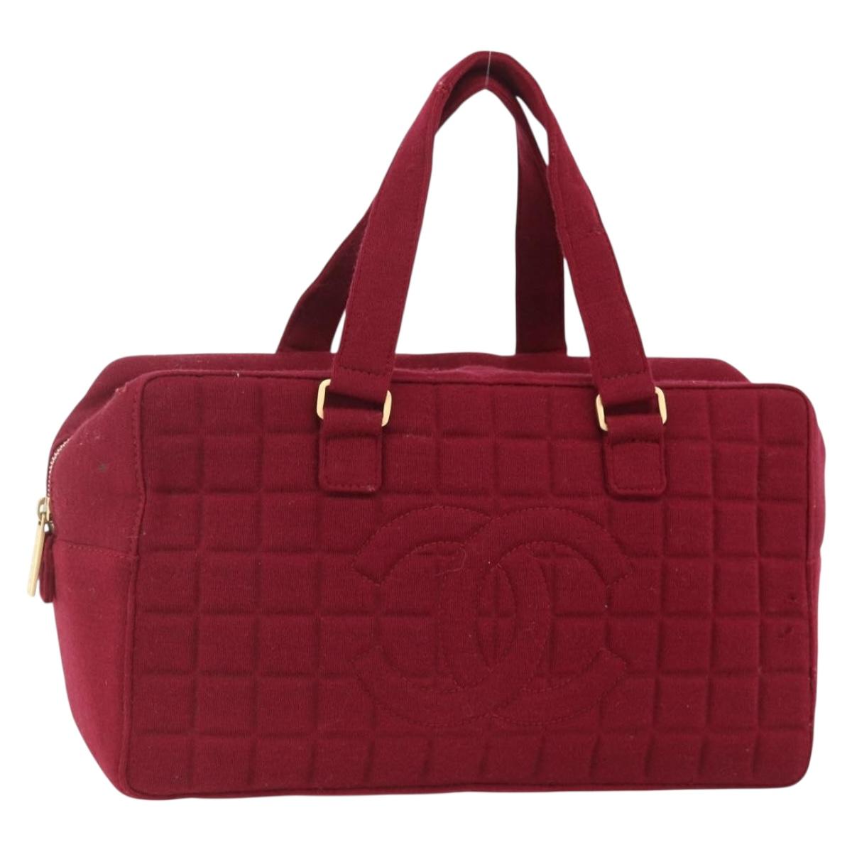 CHANEL Choco Bar Hand Bag Cotton Bordeaux Gold CC Auth BAZ870