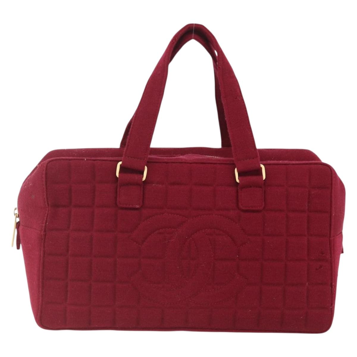 CHANEL Choco Bar Hand Bag Cotton Bordeaux Gold CC Auth BAZ870