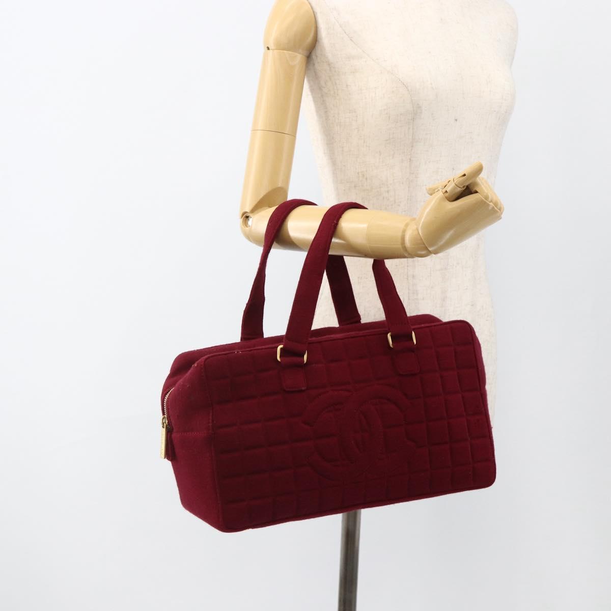 CHANEL Choco Bar Hand Bag Cotton Bordeaux Gold CC Auth BAZ870