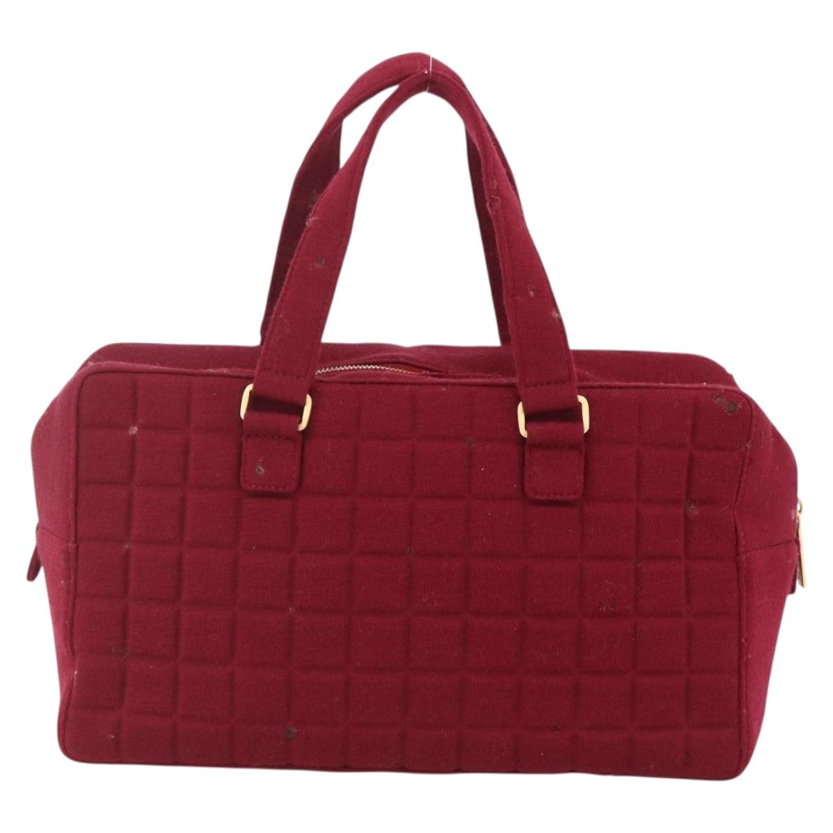 CHANEL Choco Bar Hand Bag Cotton Bordeaux Gold CC Auth BAZ870