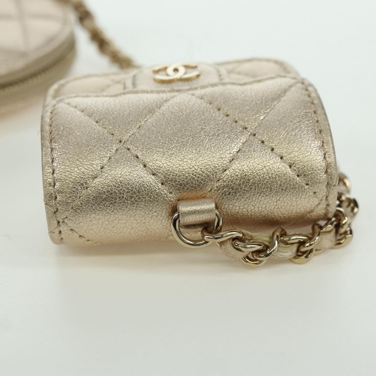 CHANEL Matelasse Air Pods Case & Coin Purse Lamb Skin Gold CC Auth BAZ881SAM