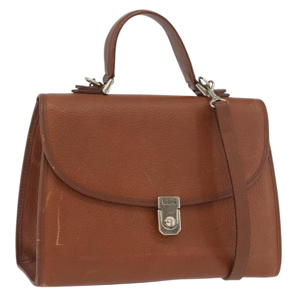 Burberrys Hand Bag Leather 2way Brown Gold Auth BAZ884