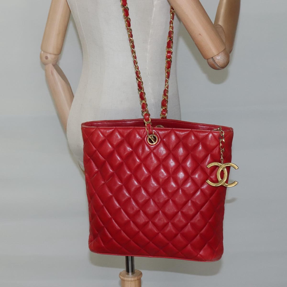 CHANEL Matelasse Hand Bag Lamb Skin Red Gold CC Auth BD051