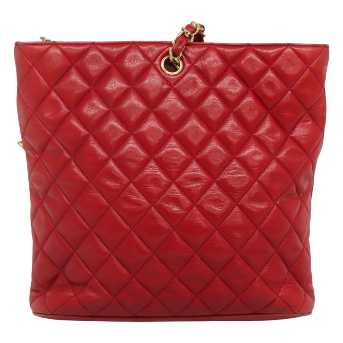 CHANEL Matelasse Hand Bag Lamb Skin Red Gold CC Auth BD051