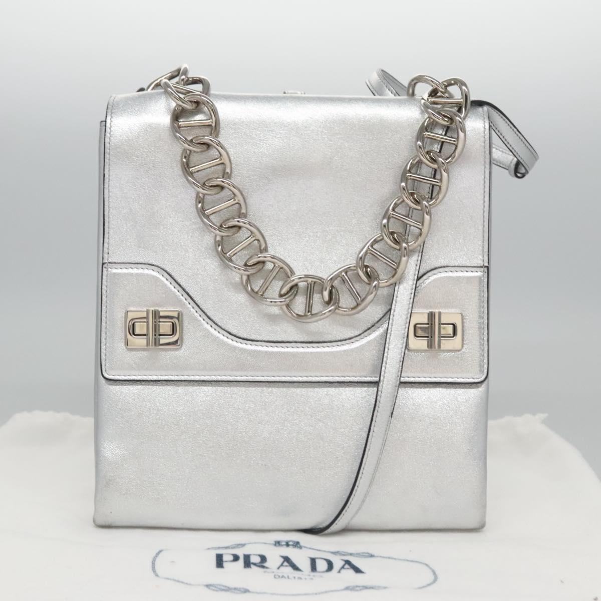 PRADA Chain Hand Bag Leather 2way Silver Auth BD055AV