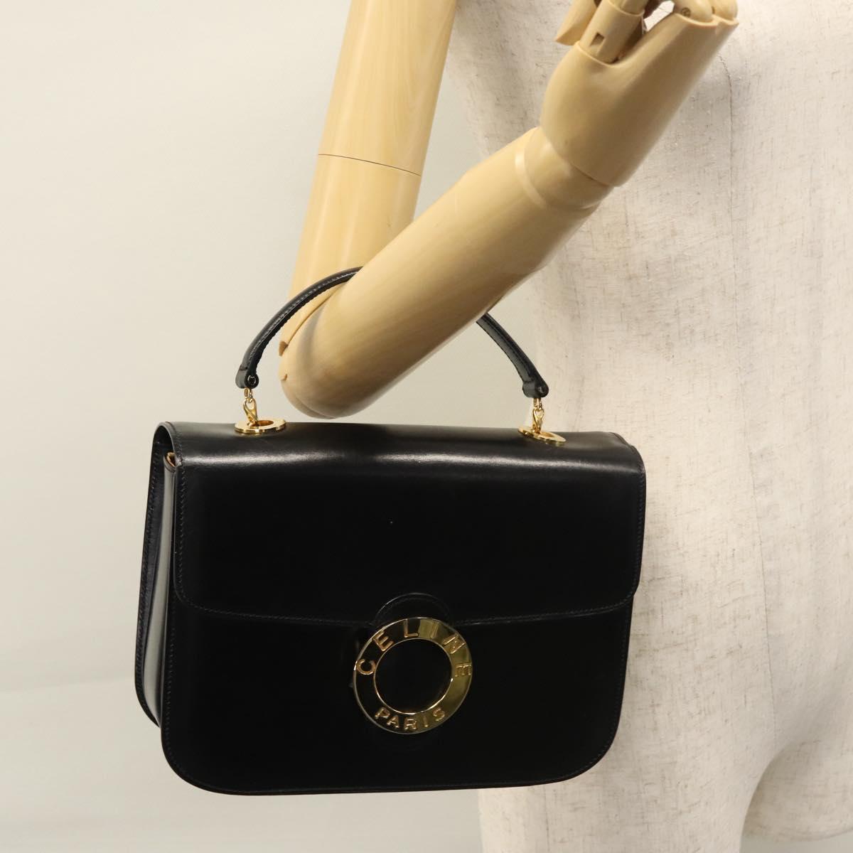 CELINE Hand Bag Leather Black Gold Auth BD058V