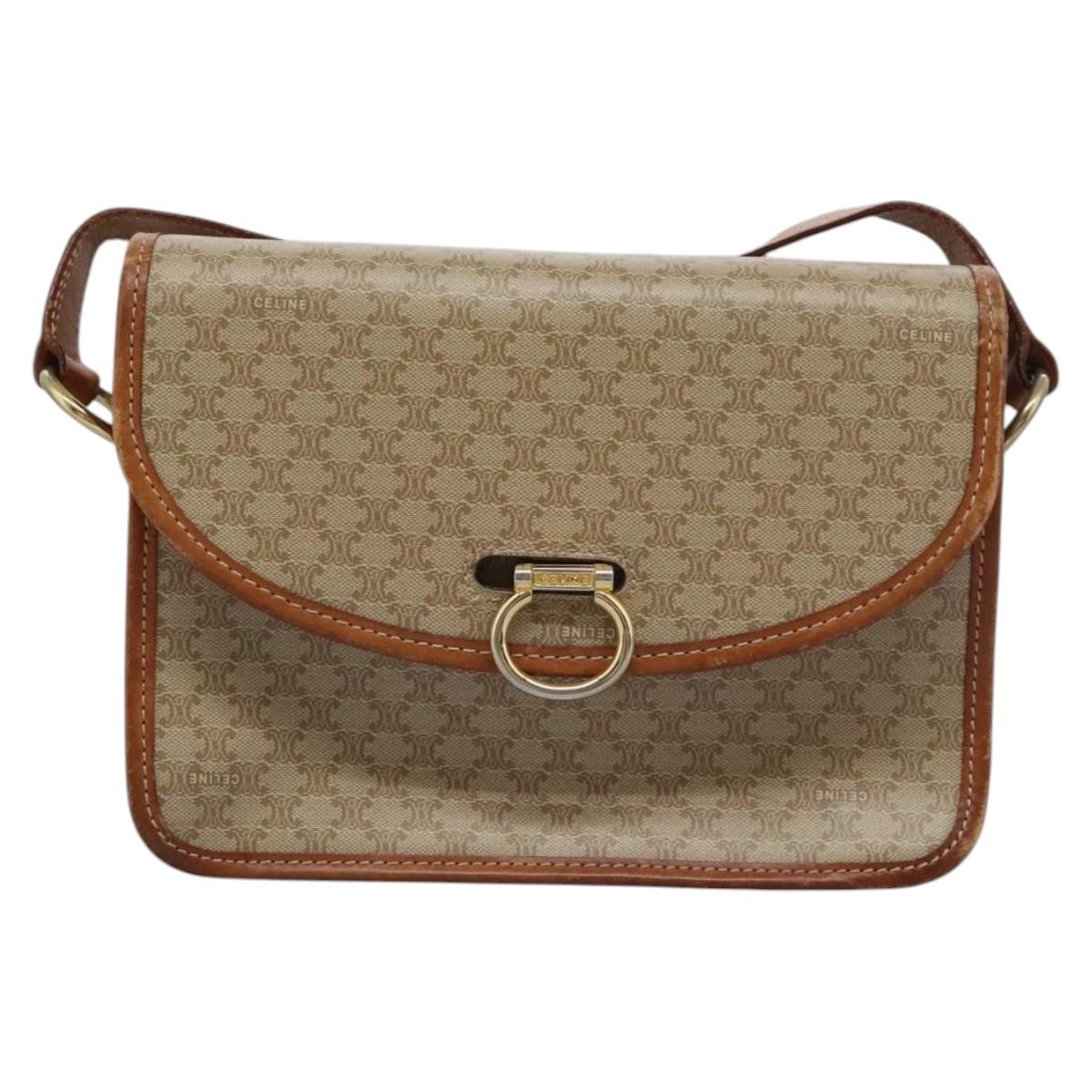 CELINE Macadam Canvas Shoulder Bag Beige Gold Auth BD092