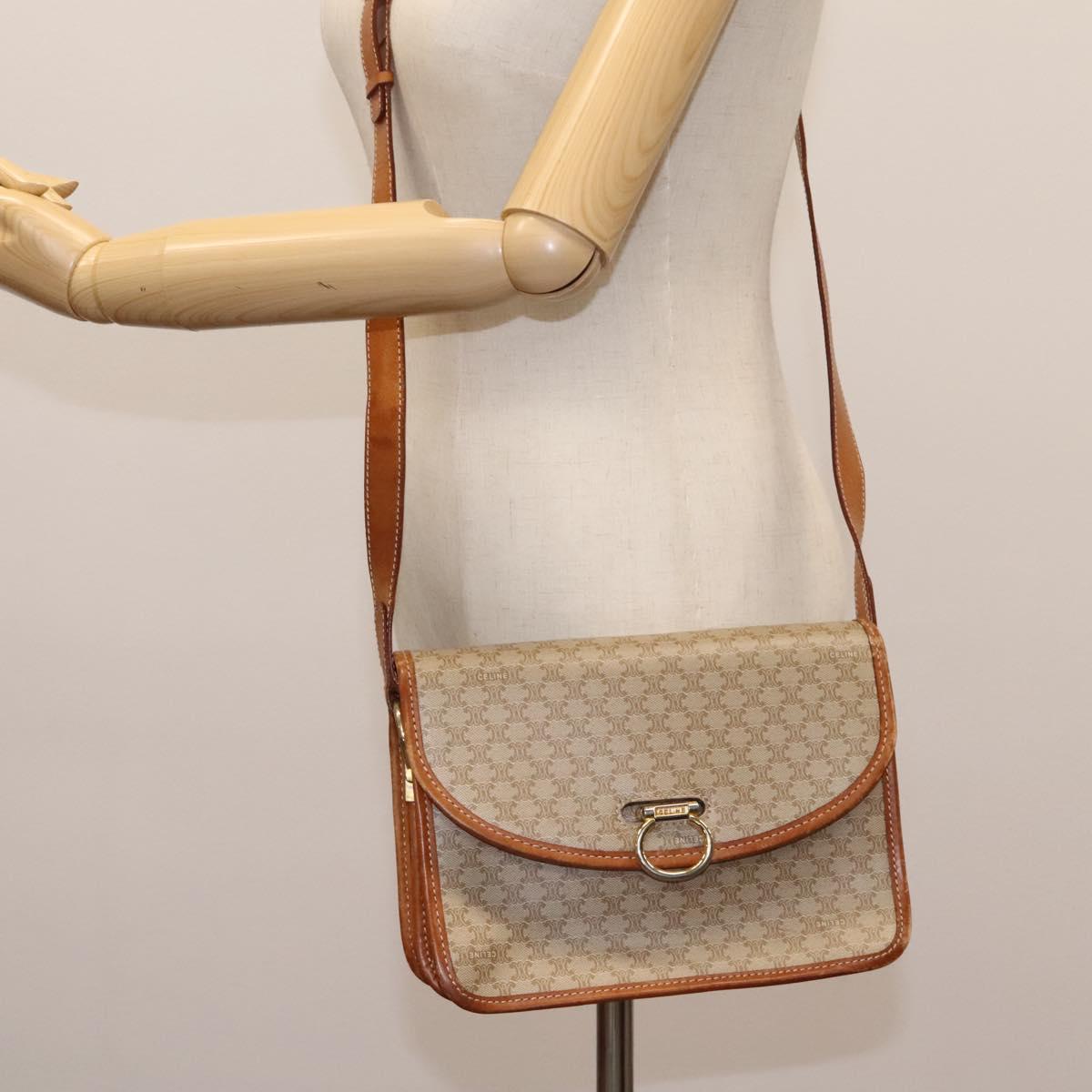 CELINE Macadam Canvas Shoulder Bag Beige Gold Auth BD092