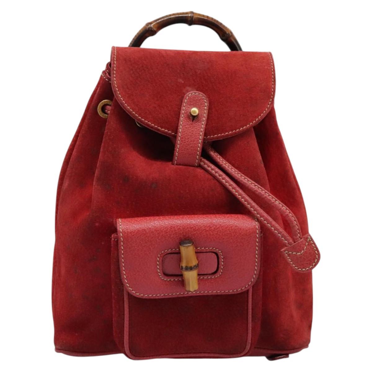 GUCCI Bamboo Backpack Suede Leather Red Gold 003 1705 0030 Auth BD1040