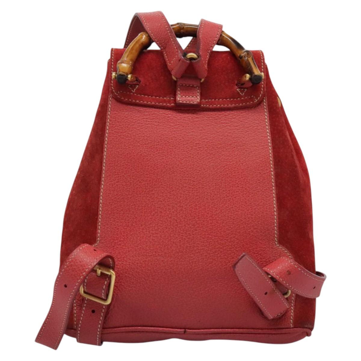 GUCCI Bamboo Backpack Suede Leather Red Gold 003 1705 0030 Auth BD1040