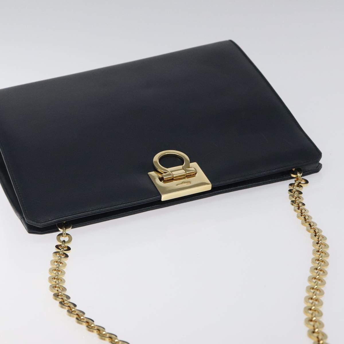 Salvatore Ferragamo Gancini Chain Shoulder Bag Leather Navy Gold Auth BD1060
