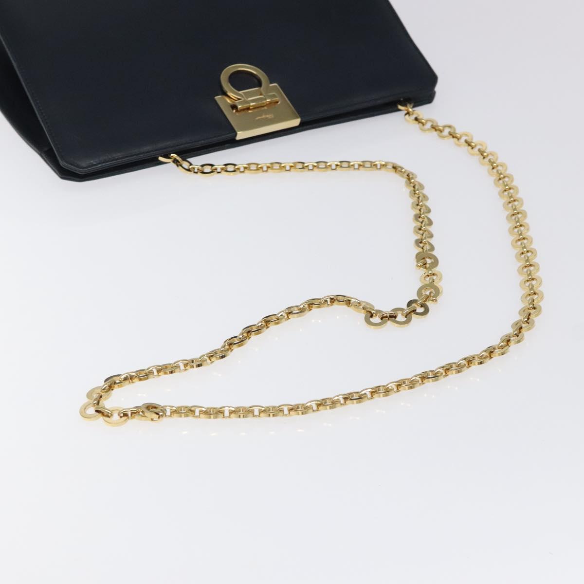 Salvatore Ferragamo Gancini Chain Shoulder Bag Leather Navy Gold Auth BD1060
