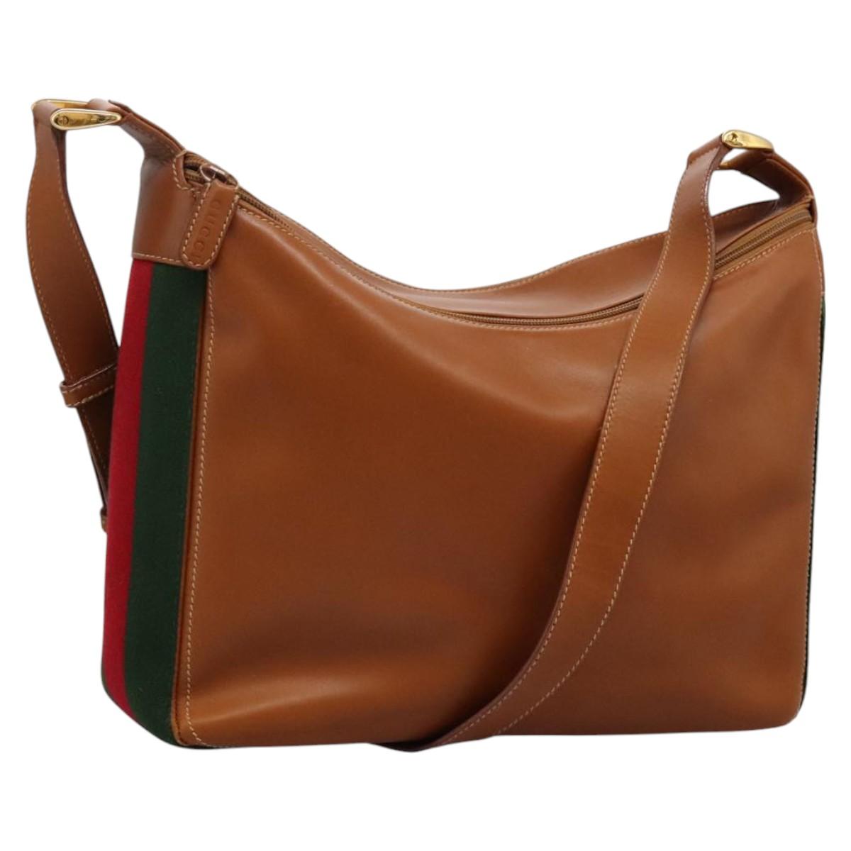 GUCCI Web Sherry Line Shoulder Bag Leather Brown Red Green Auth BD1064