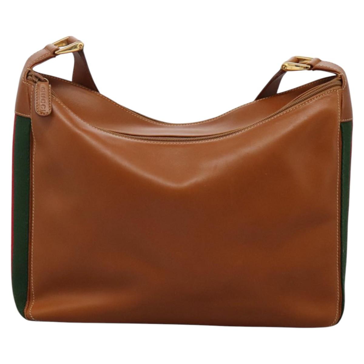 GUCCI Web Sherry Line Shoulder Bag Leather Brown Red Green Auth BD1064
