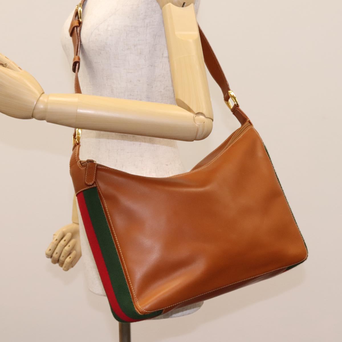 GUCCI Web Sherry Line Shoulder Bag Leather Brown Red Green Auth BD1064