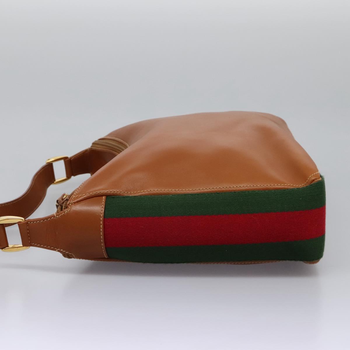 GUCCI Web Sherry Line Shoulder Bag Leather Brown Red Green Auth BD1064