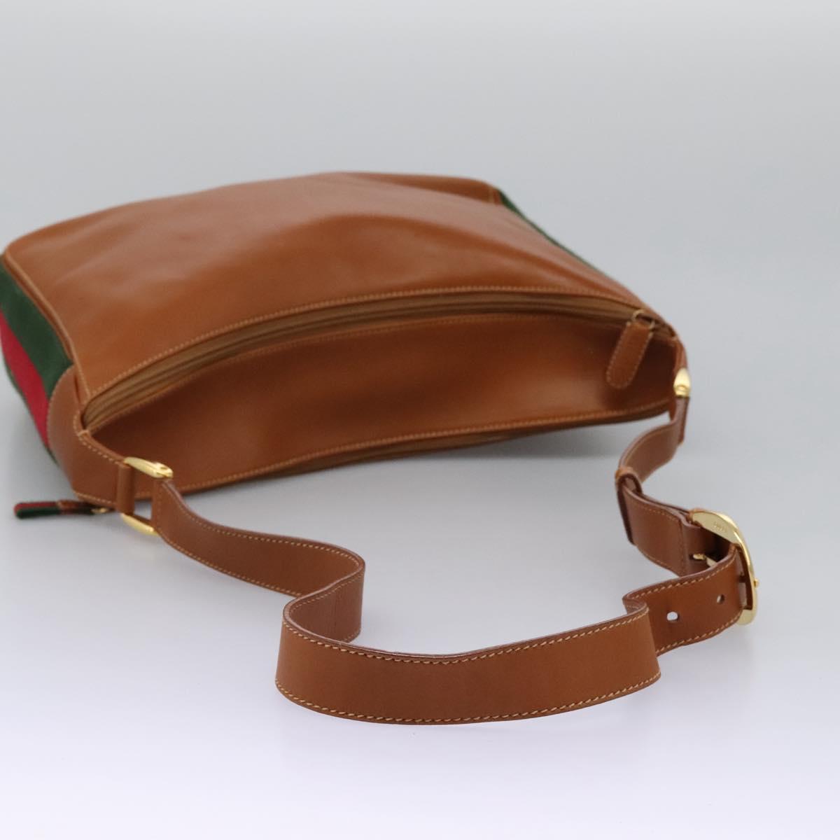 GUCCI Web Sherry Line Shoulder Bag Leather Brown Red Green Auth BD1064