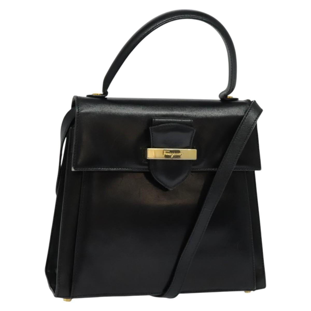 Salvatore Ferragamo Hand Bag Leather 2way Black Gold Auth BD1103