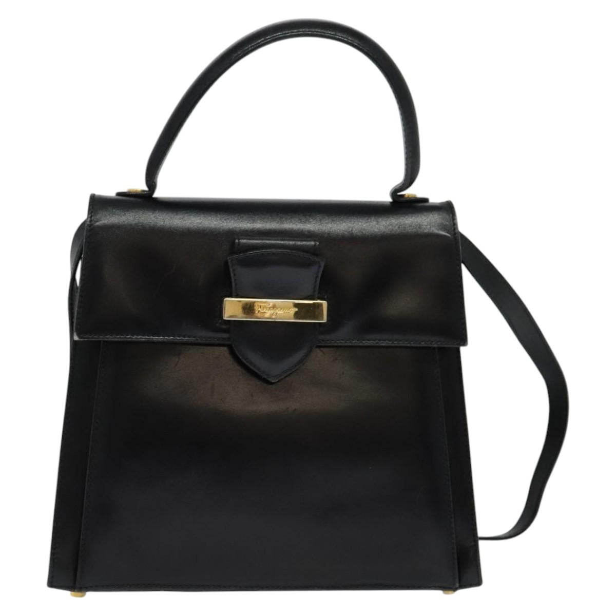 Salvatore Ferragamo Hand Bag Leather 2way Black Gold Auth BD1103
