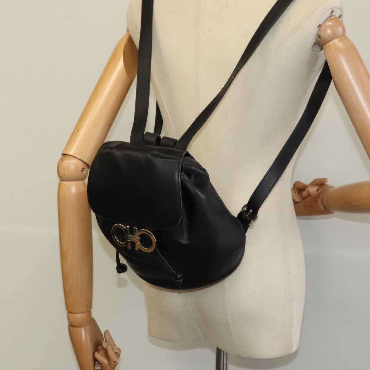 Salvatore Ferragamo Gancini Backpack Leather Black Silver Auth BD1104