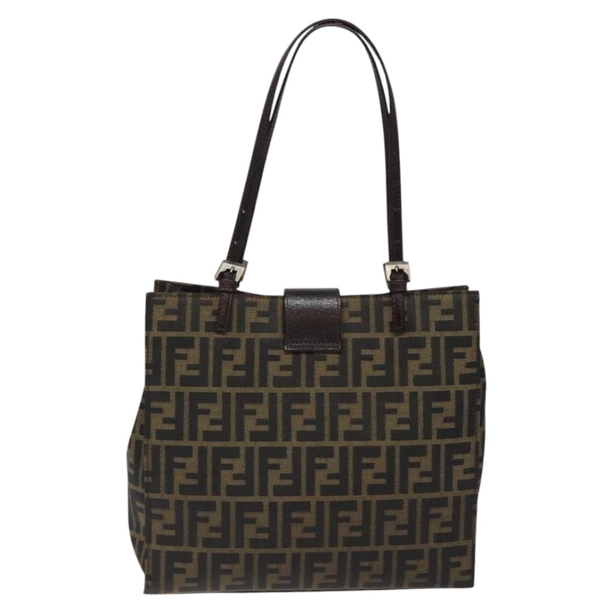 FENDI Zucca Canvas Mamma Baguette Tote Bag Black Brown Silver Auth BD1155