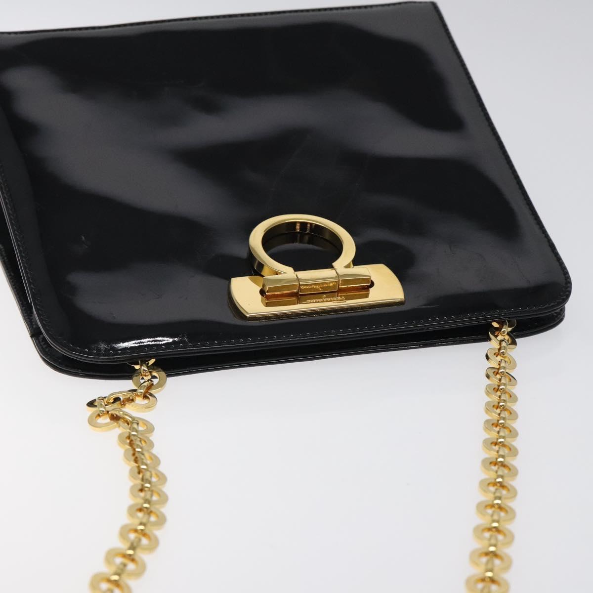 Salvatore Ferragamo Gancini Chain Shoulder Bag Enamel Black Gold Auth BD1170