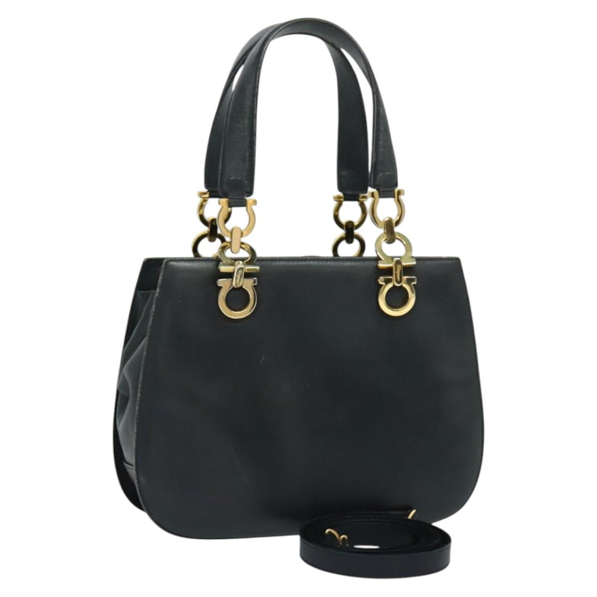 Salvatore Ferragamo Gancini Hand Bag Leather 2way Navy Gold Auth BD1171