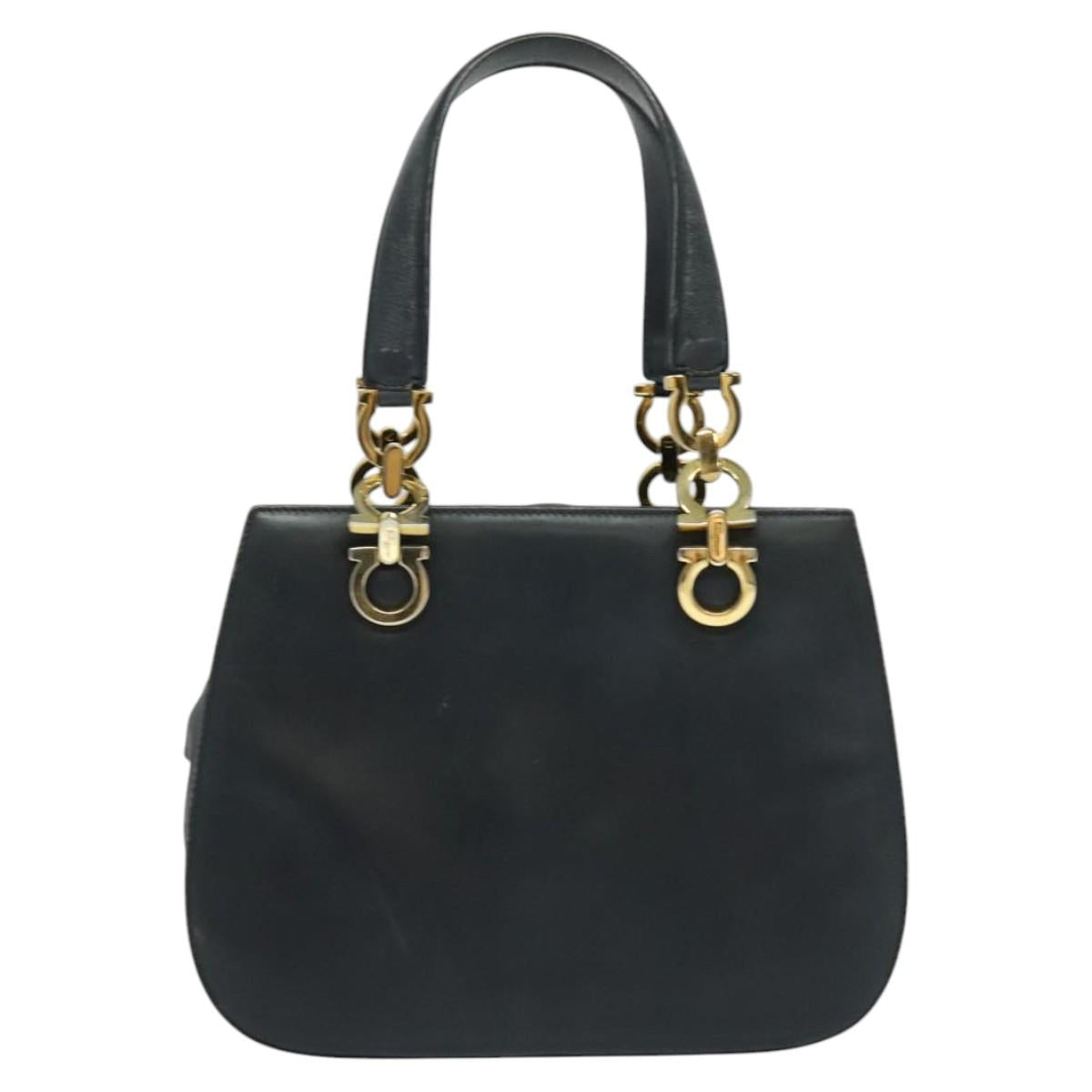 Salvatore Ferragamo Gancini Hand Bag Leather 2way Navy Gold Auth BD1171