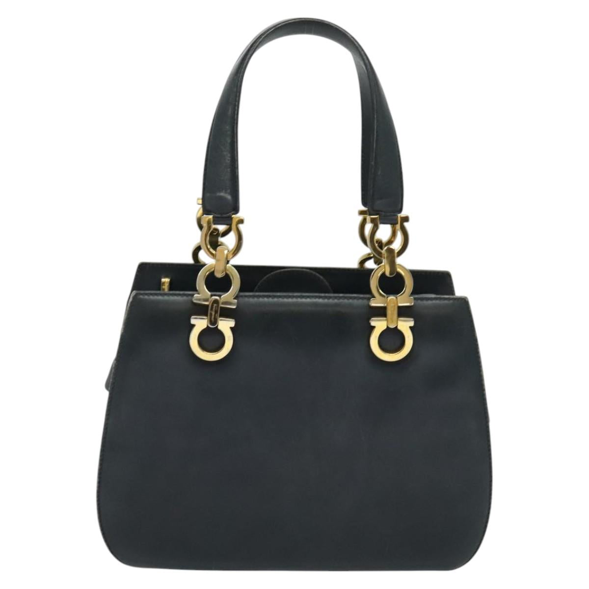 Salvatore Ferragamo Gancini Hand Bag Leather 2way Navy Gold Auth BD1171