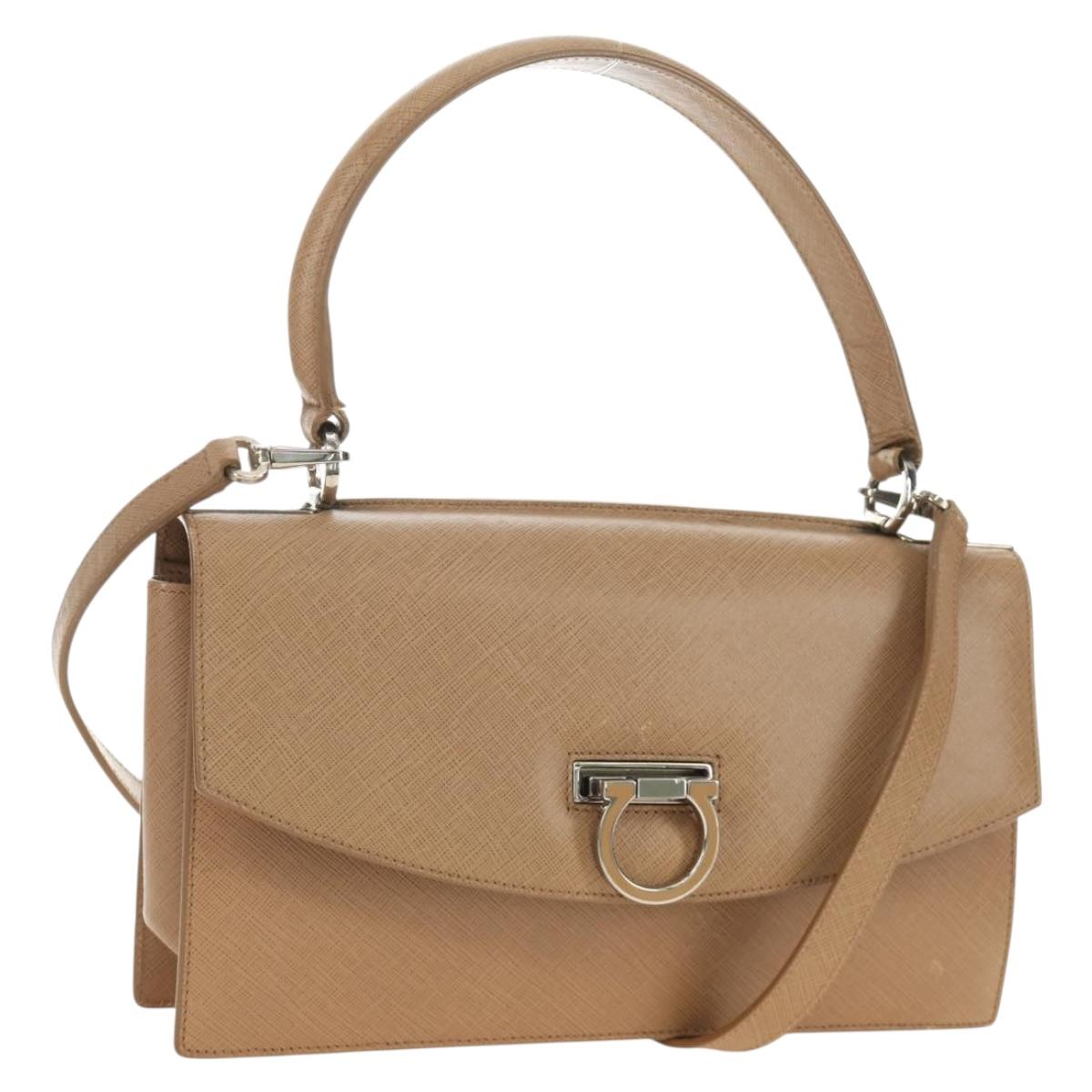 Salvatore Ferragamo Gancini Hand Bag Leather 2way Beige Silver Auth BD1190