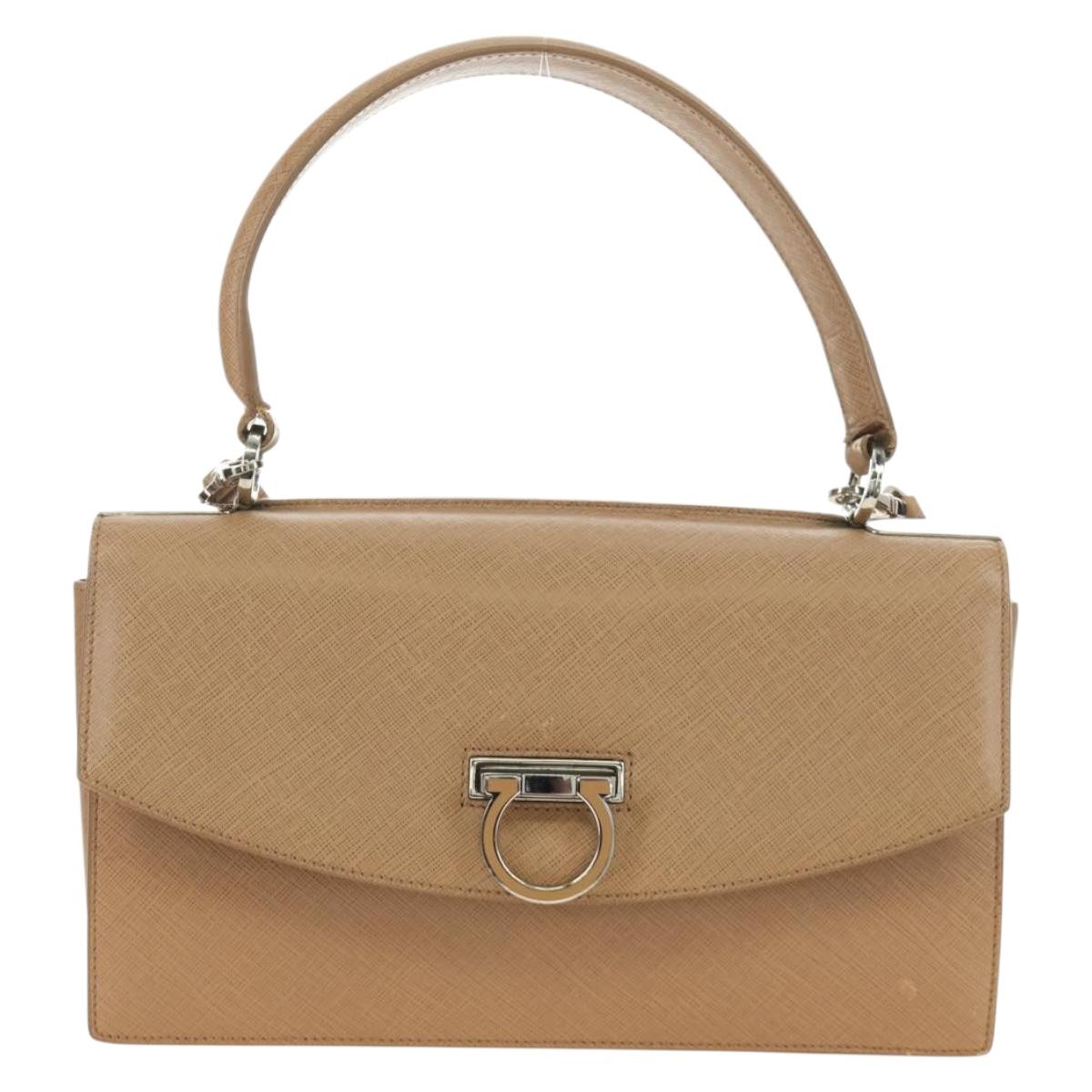 Salvatore Ferragamo Gancini Hand Bag Leather 2way Beige Silver Auth BD1190