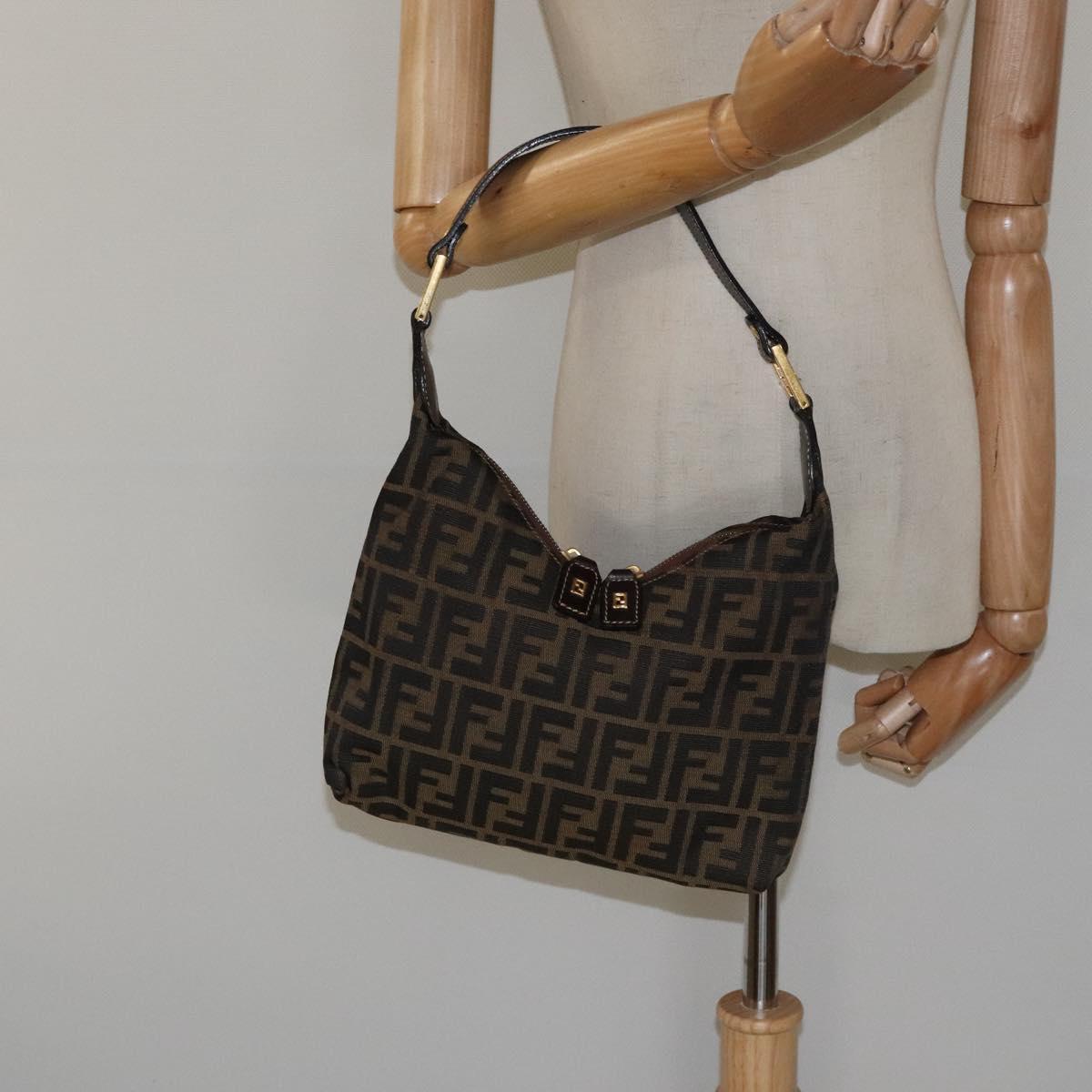 FENDI Zucca Canvas Shoulder Bag Black Brown Auth BD1193