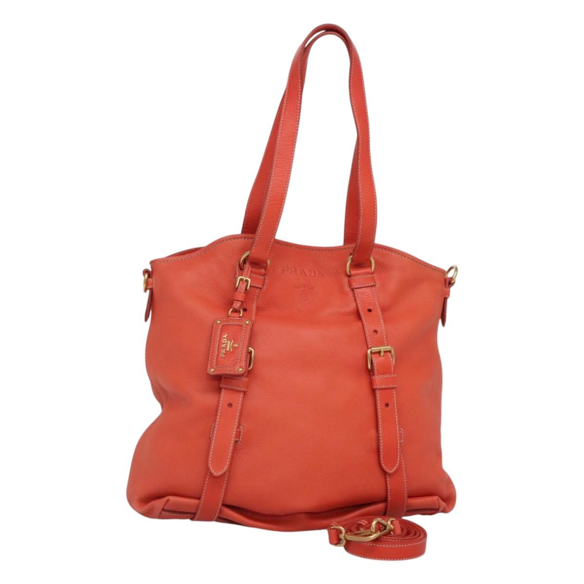 PRADA Hand Bag Leather 2way Orange Gold Auth BD1195V