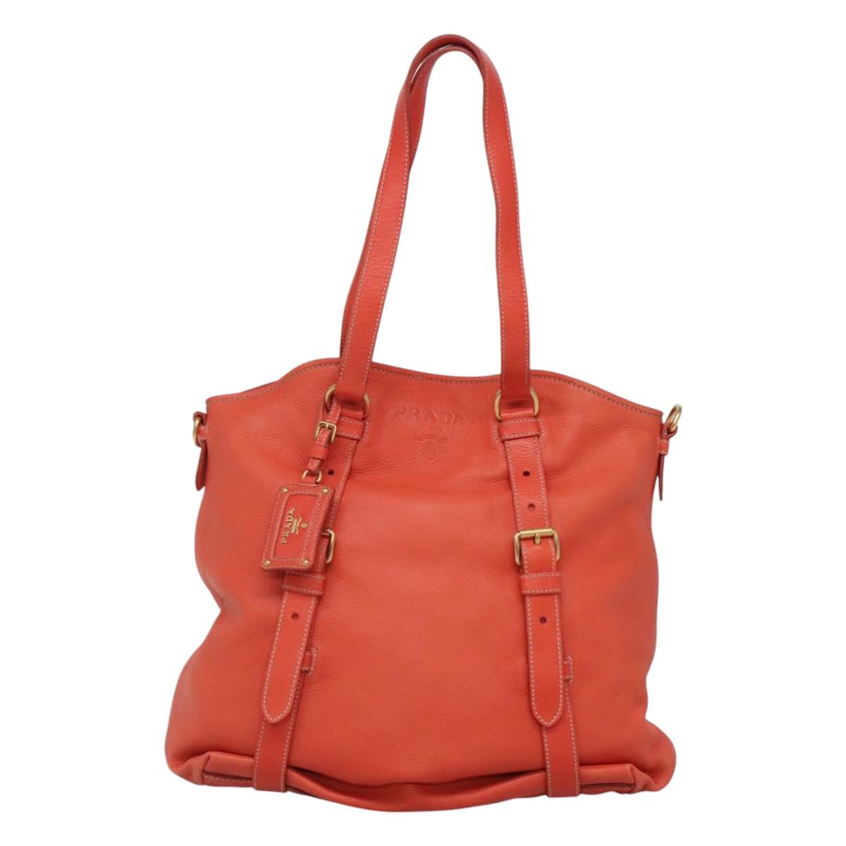 PRADA Hand Bag Leather 2way Orange Gold Auth BD1195V