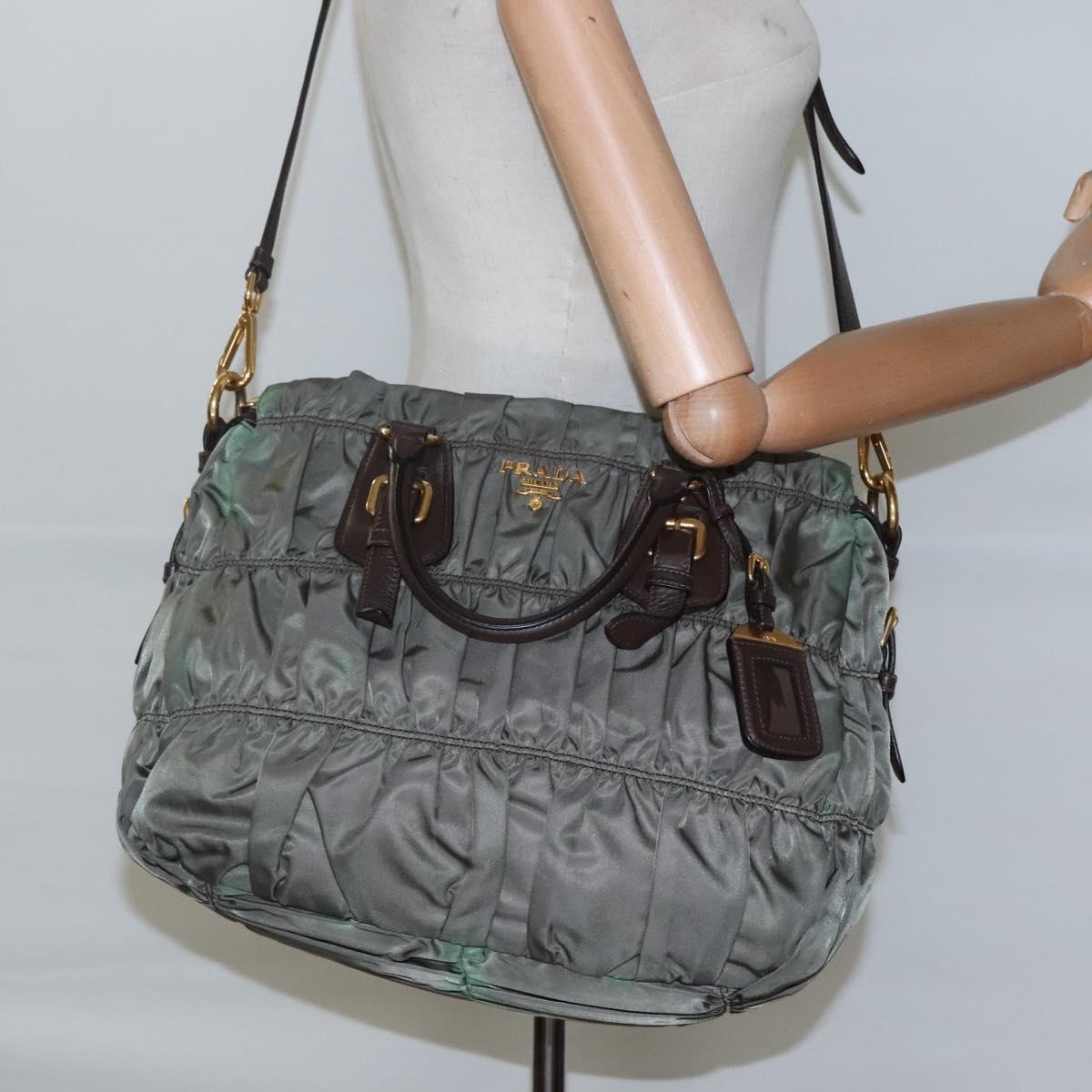 PRADA Hand Bag Nylon 2way Khaki Gold Auth BD1244