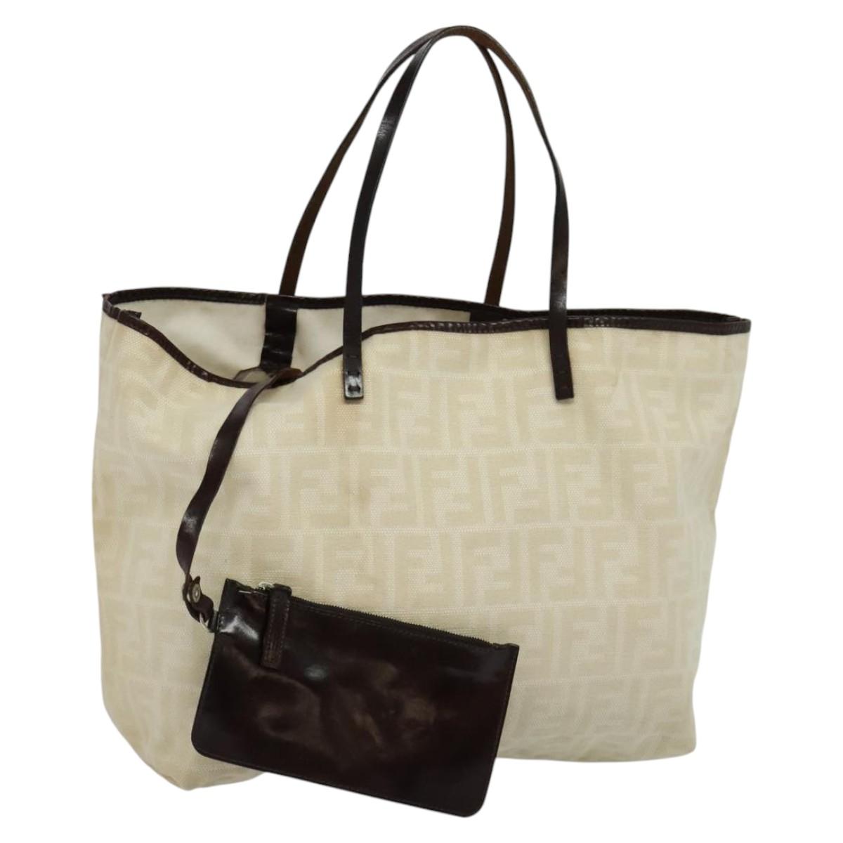FENDI Zucca Canvas Tote Bag White Silver Auth BD1245