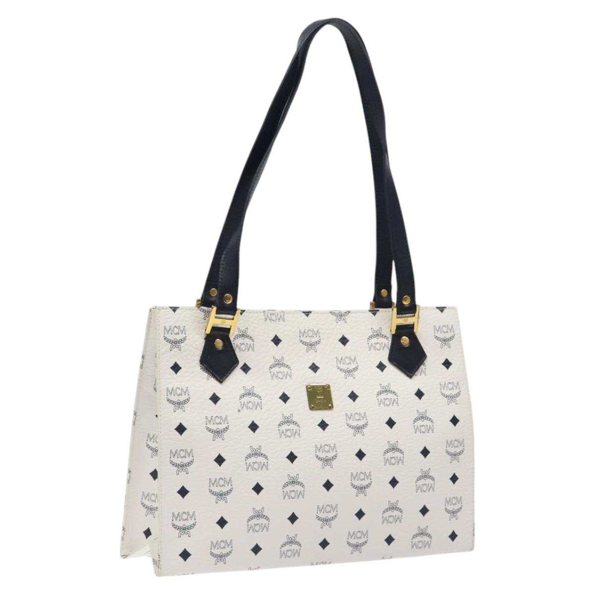 MCM Vicetos Logogram Shoulder Bag PVC Leather White Navy gold Auth BD1318