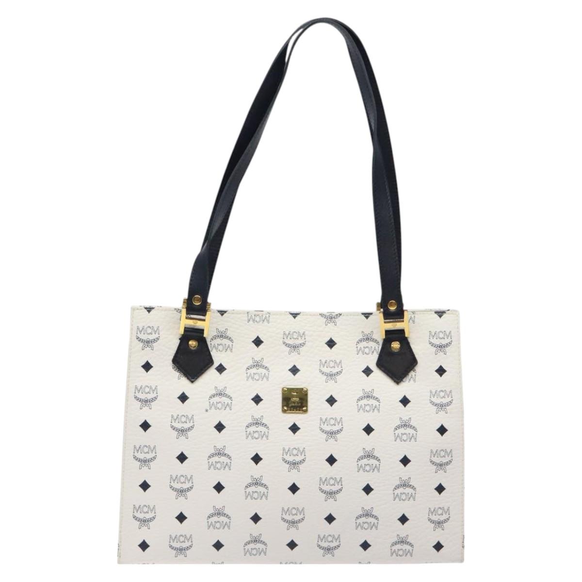 MCM Vicetos Logogram Shoulder Bag PVC Leather White Navy gold Auth BD1318