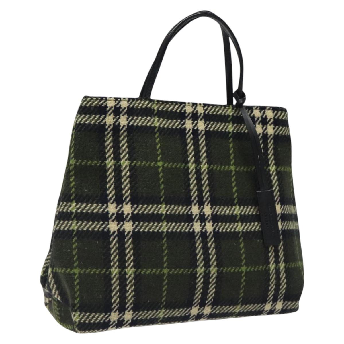 BURBERRY Nova Check Hand Bag Wool Green Black Auth BD1322