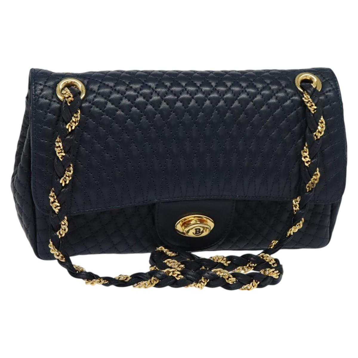 BALLY Chain Shoulder Bag Leather Navy Gold Auth BD1354