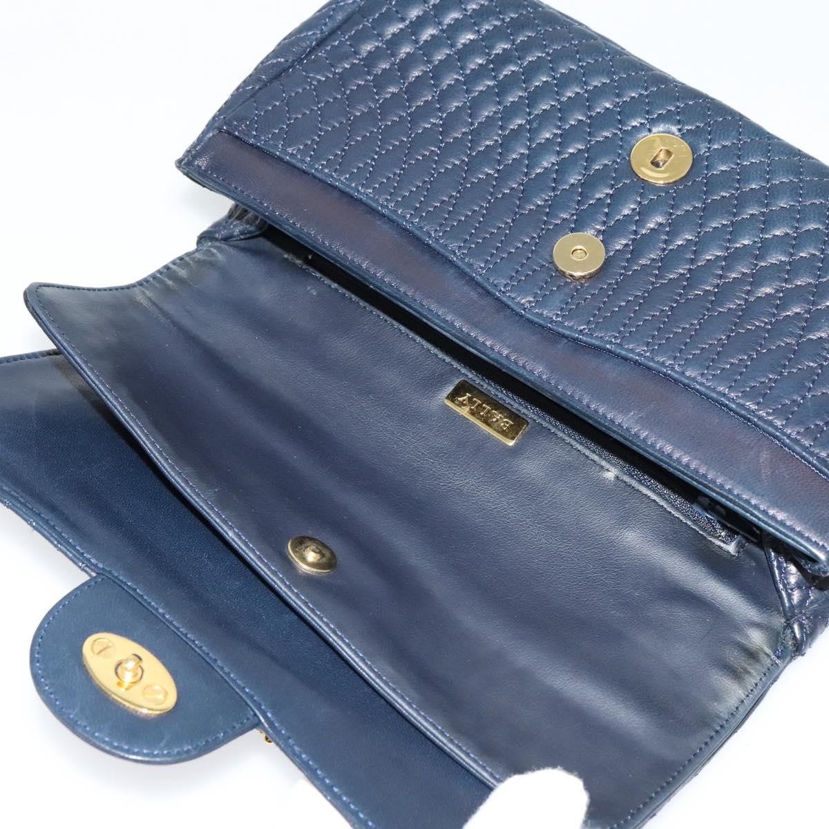 BALLY Chain Shoulder Bag Leather Navy Gold Auth BD1354