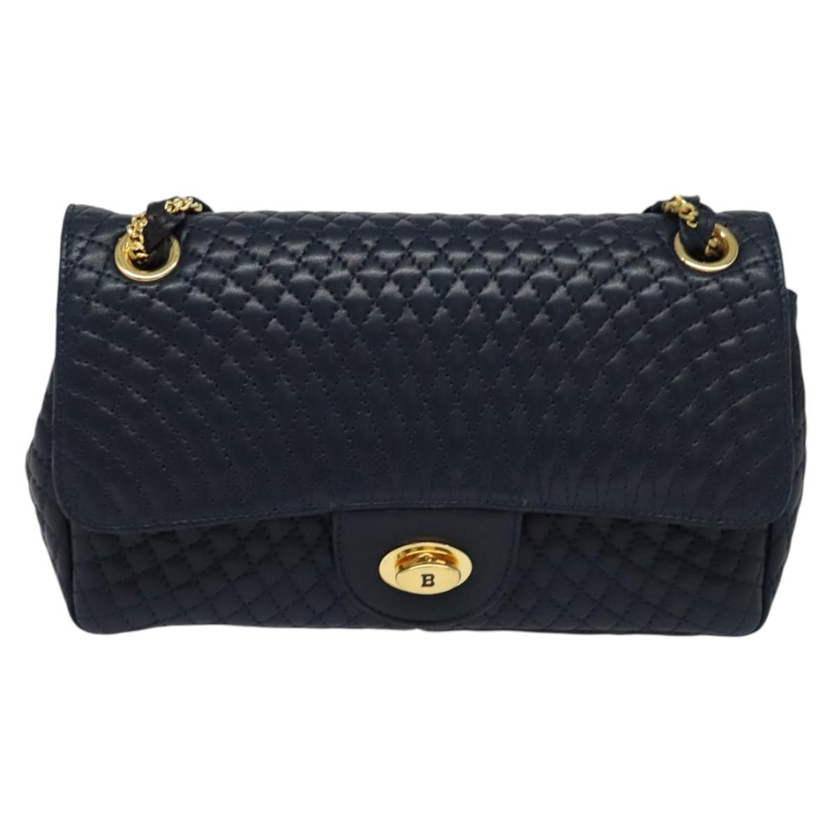 BALLY Chain Shoulder Bag Leather Navy Gold Auth BD1354