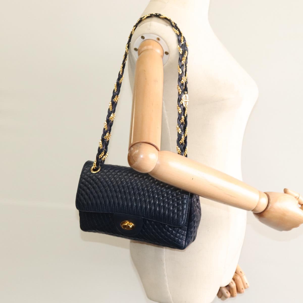 BALLY Chain Shoulder Bag Leather Navy Gold Auth BD1354