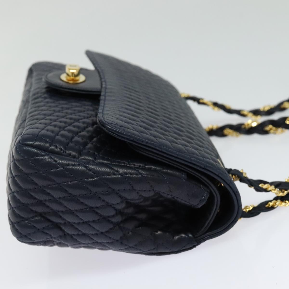 BALLY Chain Shoulder Bag Leather Navy Gold Auth BD1354