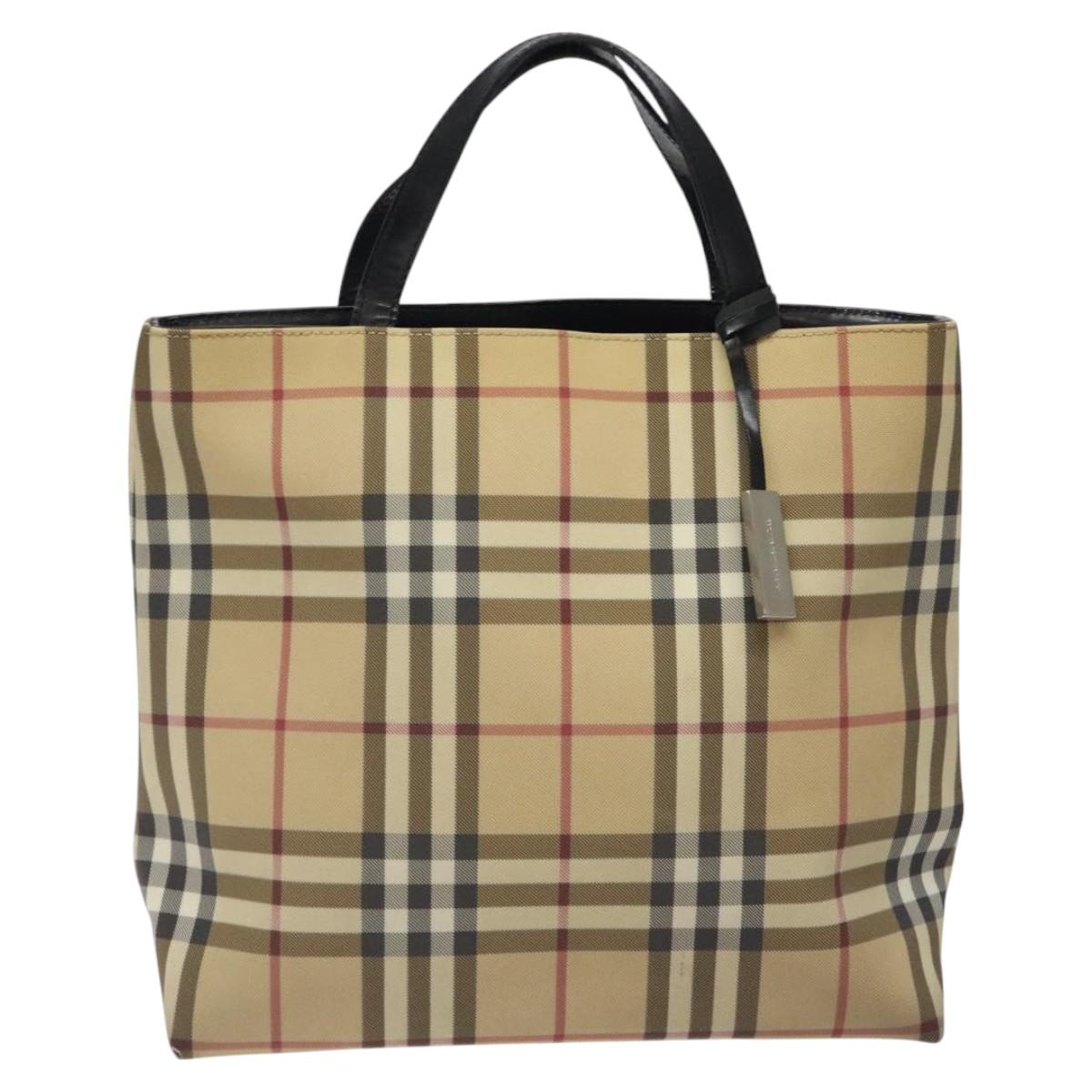 BURBERRY Nova Check Hand Bag PVC Beige Black Silver Auth BD1373