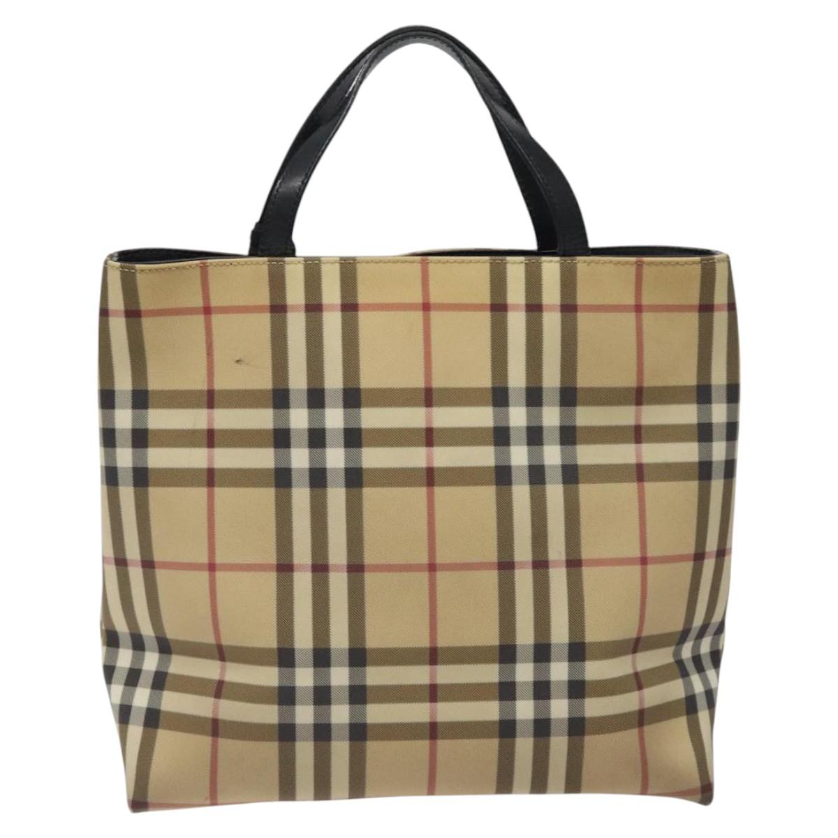 BURBERRY Nova Check Hand Bag PVC Beige Black Silver Auth BD1373
