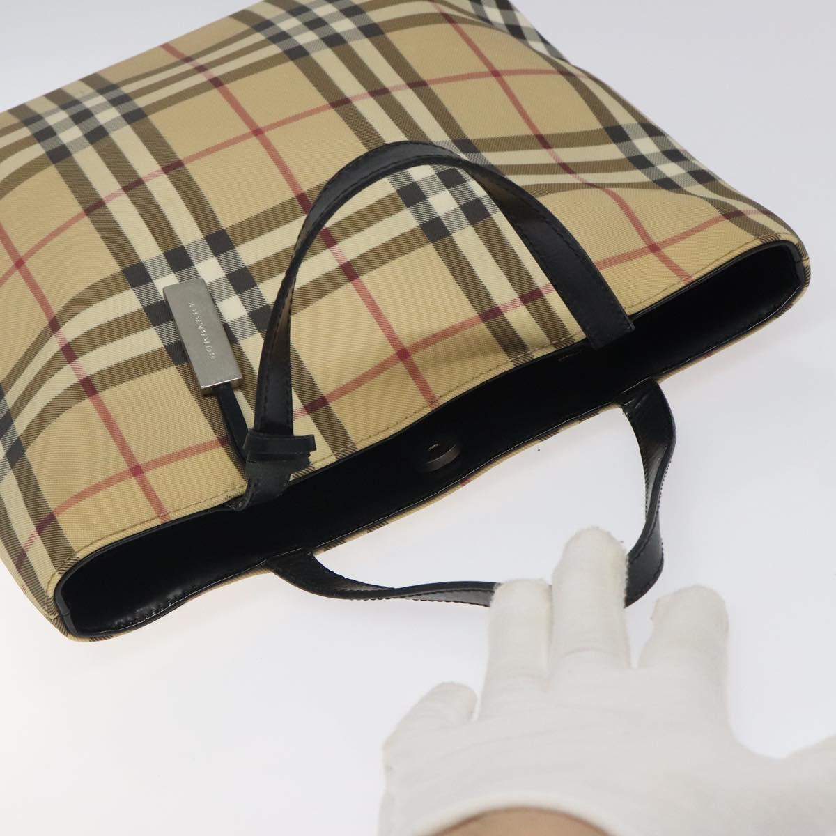 BURBERRY Nova Check Hand Bag PVC Beige Black Silver Auth BD1373