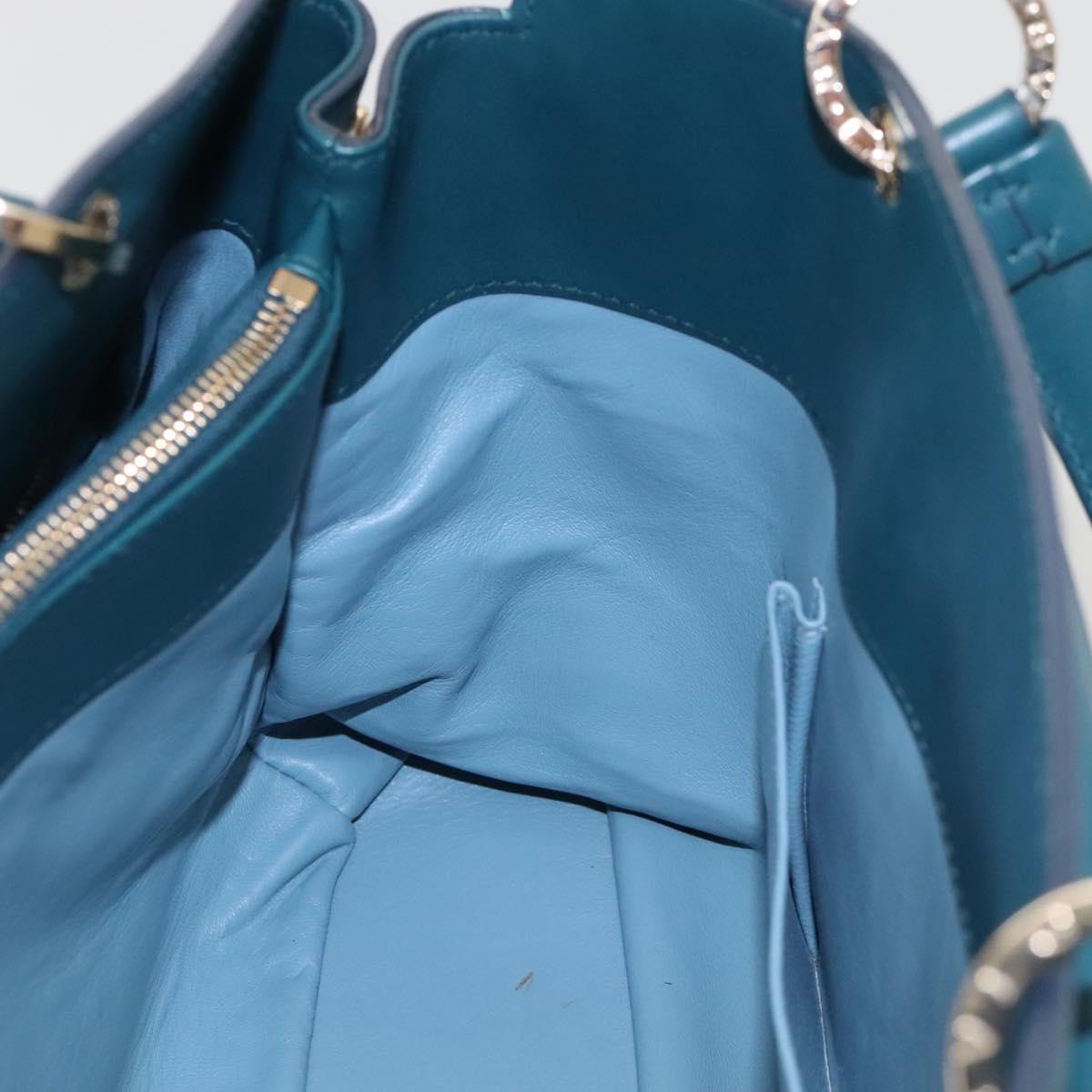 BVLGARI Hand Bag Leather 2way Turquoise Blue Gold Auth BD1376