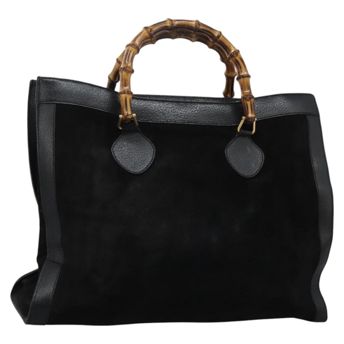 GUCCI Bamboo Hand Bag Suede Leather Black Gold 002 1186 0259 Auth BD1389